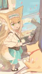 1girl absurdres animal_ears arknights blonde_hair cardigan cat cross-laced_clothes cross-laced_skirt fox_ears fox_girl fox_tail frilled_hairband frills green_eyes hairband highres kitsune kyuubi long_hair long_sleeves multiple_tails neck_ribbon official_alternate_costume open_mouth outdoors red_ribbon ribbon shirt shoes skirt solo standing suzuran_(arknights) suzuran_(spring_praise)_(arknights) tail tansankuu white_shirt yellow_cardigan