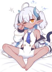 1girl ahoge barefoot blue_archive blue_hair blue_necktie bodysuit closed_mouth clothing_cutout colored_inner_hair commentary dark-skinned_female dark_skin demon_girl demon_horns demon_tail flat_chest full_body halo highres horns jacket long_hair long_sleeves looking_at_viewer multicolored_hair naga_u necktie one_eye_closed orange_eyes pointy_ears puffy_long_sleeves puffy_sleeves purple_halo side_cutout sitting solo spread_legs squeans star_halo sumomo_(blue_archive) tail toes two-tone_hair two_side_up very_long_hair wavy_hair white_bodysuit white_hair white_jacket
