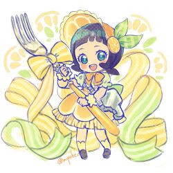 1girl :d alternate_costume black_eyes black_hair blush bow bowtie brown_shoes dress fork full_body giant_fork highres holding holding_fork looking_at_viewer mipokec nintendo open_mouth orange_bow orange_bowtie pokemon pokemon_sv poppy_(pokemon) shoes short_hair smile socks solo teeth twitter_username upper_teeth_only white_socks
