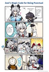 Rule 34 | 1boy, 1girl, absurdres, ahoge, armband, black armband, black gloves, black hair, black horns, black jacket, breasts, brushing teeth, chest harness, closed mouth, collared shirt, commentary, curled horns, egg, english commentary, english text, gloves, grey hair, hair between eyes, harness, highres, holding, holding microphone, holding pocket watch, horn cover, horns, interview, jacket, jewelry, key, key necklace, large breasts, long hair, looking at viewer, male rover (wuthering waves), microphone, mole, mole under eye, necklace, necktie, official art, pocket watch, red eyes, red necktie, rover (wuthering waves), shirt, smile, sunglasses, watch, white shirt, wuthering waves, yellow eyes, zani (wuthering waves)