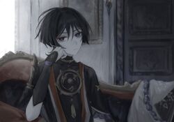 Rule 34 | 1boy, arm at side, armor, black bodysuit, black hair, black kimono, black sleeves, blunt ends, bodysuit, closed mouth, couch, covered collarbone, door, elbow rest, expressionless, eyeliner, eyeshadow, frilled sleeves, frills, genshin impact, gold, hair between eyes, hand on own face, hand up, head rest, highres, indoors, japanese armor, japanese clothes, jewelry, juban, kimono, kote, kurokote, layered sleeves, looking at viewer, makeup, male focus, mitsudomoe (shape), neck ring, pale skin, partially shaded face, portrait (object), purple eyes, purple sleeves, red eyeliner, red eyeshadow, red kimono, scaramouche (genshin impact), single sode, sitting, solo, tomoe (symbol), tsurime, white kimono, wispy bangs, yoruli e