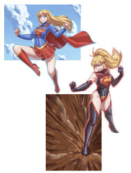 1girl before_and_after black_boots black_gloves black_leotard blonde_hair blue_eyes boots breasts cape comic_cover corruption dark_persona dc_comics flying gloves highres large_breasts leebigtree leotard long_hair long_sleeves looking_at_viewer miniskirt open_mouth ponytail red_boots red_cape short_hair skirt sleeved_leotard smile solo supergirl superhero_costume superman_(series) superman_logo thigh_boots