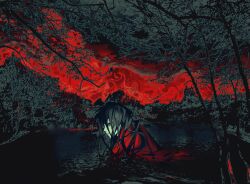 1boy bags_under_eyes bare_tree black_eyes black_hair branch chinese_clothes chinese_commentary coat dao_gui_yi_xian dark forest hair_down hanfu highres in_water li_huowang long_hair looking_at_viewer male_focus monochrome nature night outdoors partially_submerged red_coat red_sky red_theme renjianshitou sky solo spot_color tree upper_body water