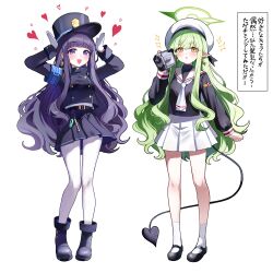 2girls absurdres ankle_socks armband arms_up beret black_boots black_hair black_hat black_shirt black_shoes black_skirt black_tail blue_archive blue_armband blush boots camcorder camera cardcaptor_sakura cosplay costume_switch daidouji_tomoyo daidouji_tomoyo_(cosplay) demon_girl demon_tail full_body gloves green_hair green_halo halo hat heart highres hikari_(blue_archive) hikari_(blue_archive)_(cosplay) holding holding_camera long_hair long_sleeves looking_at_viewer multiple_girls neckerchief open_mouth pantyhose peaked_cap pleated_skirt pointy_ears purple_eyes sailor_collar sak_(lemondisk) school_uniform shirt shoes simple_background skirt smile socks standing tail tomoeda_elementary_school_uniform translation_request video_camera white_background white_gloves white_hat white_neckerchief white_pantyhose white_sailor_collar white_skirt white_socks yellow_eyes