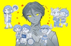 1boy 2girls blush_stickers chibi computer cone_hair_bun double_bun frilled_shirt frills fukurai_azami full_body glasses greyscale_with_colored_background hair_bun heart highres laptop meguriya_ayumu multiple_girls shirt short_hair smile spot_color tomarigi_yasumi toshi_densetsu_kaitai_center triangle_necklace wheelchair yellow_eyes yoko_(00d_45)
