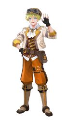 Rule 34 | 1boy, :d, absurdres, artist request, ascot, belt, belt pouch, black gloves, blonde hair, blue eyes, boots, brown boots, brown hat, brown vest, fingerless gloves, full body, gloves, goggles, goggles on headwear, hand on own hip, hand up, hat, highres, jacket, long sleeves, looking at viewer, male focus, mauro (rune factory), official art, open mouth, orange pants, pants, pouch, rune factory, rune factory: guardians of azuma, shirt, short hair, simple background, smile, solo, standing, transparent background, untucked shirt, vest, white ascot, white background, white jacket, white shirt