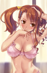 Rule 34 | 10s, 1girl, adjusting hair, anjou naruko, ano hi mita hana no namae wo bokutachi wa mada shiranai., arm up, bra, breasts, breasts apart, brown eyes, brown hair, covered erect nipples, female focus, hair ornament, hairclip, lace, lace-trimmed bra, lace trim, large breasts, lingerie, long hair, looking to the side, mouth hold, niku, nikuoji, panties, pink bra, pink panties, solo, twintails, underwear