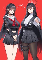 2girls ? artist_name black_choker black_hair black_jacket black_pantyhose black_serafuku black_shirt black_skirt blazer blue_archive breasts chisa_(wuthering_waves) choker collarbone commentary crossover english_commentary english_text hair_ornament hair_ribbon hairclip halo highres holster id_card jacket large_breasts linear_71 long_hair look-alike midriff multicolored_halo multiple_girls navel neckerchief pantyhose parted_bangs pleated_skirt red_background red_eyes red_neckerchief red_ribbon ribbon rio_(blue_archive) school_uniform serafuku shirt simple_background skirt sweater tacet_mark_(wuthering_waves) thigh_holster trait_connection turtleneck turtleneck_sweater two-tone_halo very_long_hair watch white_sweater wristwatch wuthering_waves