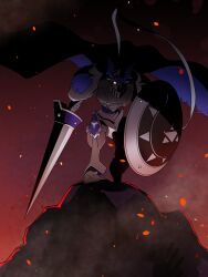 1boy armor blue_cape cape chaosdukemon digimon digimon_(creature) full_body glowing highres holding holding_polearm holding_shield holding_weapon knight lance male_focus manchi_kansuke polearm shield solo weapon