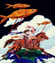 1boy animal_hat backpack bag black_hair brown_bag cargo_pants chan_(flesh.png) cloud commentary earth_(planet) english_commentary fish flying flying_fish from_side full_body hat highres holding holding_reins horse horseback_riding male_focus original pants planet profile rabbit_hat reins riding shirt short_hair short_sleeves single_bare_foot white_shirt