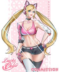 1girl absurdres ai_shou animal_ear_headphones animal_ears black_choker black_shorts black_thighhighs blue_eyes bra breasts cat_ear_headphones choker cleavage commission denim denim_shorts fake_animal_ears hand_on_own_hip headphones highres large_breasts long_hair lucky_chloe multiple_views pink_bra short_shorts shorts solo tekken thighhighs twintails underwear very_long_hair white_thighhighs