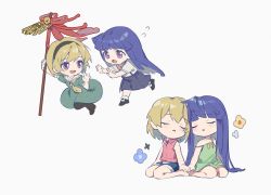 2girls :d :o bell black_hairband black_pantyhose black_skirt blonde_hair blue_hair blunt_bangs bow bowtie chasing chibi closed_eyes commentary denim denim_shorts dress fang flying_sweatdrops full_body furude_rika green_dress hairband highres higurashi_no_naku_koro_ni hoe holding houjou_satoko jingle_bell long_hair looking_at_another looking_back multiple_girls multiple_views neckerchief no_nose onigirihitotsu open_mouth pantyhose parted_lips pink_neckwear pink_shirt running sailor_collar shirt short_hair short_sleeves shorts sitting skin_fang skirt sleeveless sleeveless_shirt smile suspender_skirt suspenders wariza white_background yellow_neckwear