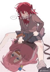 2girls ^_^ blue_eyes bocchi_the_rock! bound brown_cardigan cardigan chinese_commentary closed_eyes commentary_request cube_hair_ornament gag gotoh_hitori grey_skirt hair_ornament highres improvised_gag kita_ikuyo lingyi long_hair loose_socks multiple_girls one_side_up pink_hair red_hair restrained rope school_uniform shuka_high_school_uniform skirt socks straddling tape tape_gag tied_up_(nonsexual) yuri