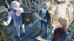 Rule 34 | 2girls, 3boys, absurdres, aglaea (honkai: star rail), alternate costume, anaxa (honkai: star rail), arm tattoo, black jacket, black pants, blonde hair, blue necktie, castorice (honkai: star rail), commentary, cup, dress, english commentary, formal clothes, green hair, grey shirt, highres, holding, holding cup, honkai: star rail, honkai (series), jacket, jacket on shoulders, multiple boys, multiple girls, mydei (honkai: star rail), necktie, pants, phainon (honkai: star rail), purple eyes, purple hair, red tattoo, shirt, suit, tattoo, toriumu, white dress, white hair, white jacket, white pants