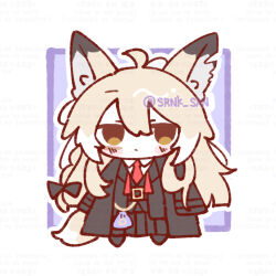 1girl 1n4b4_u3 animal_ears arknights artist_name black_coat black_jacket blush brown_eyes chibi closed_mouth coat commentary fox_ears fox_girl fox_tail hashtag-only_commentary jacket long_hair necktie red_necktie solo tail vulpisfoglia_(arknights) watermark