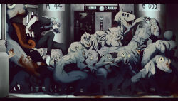1boy 6+others 666 absurdres air_(ai_r_) blood blue_hair extra_eyes hair_ornament hair_scrunchie highres jujutsu_kaisen long_earlobes long_hair low-tied_long_hair mahito_(jujutsu_kaisen) male_focus monster multiple_others ringed_eyes scrunchie solo stitched_arm stitched_face stitches tongue tongue_out transfigured_human_(jujutsu_kaisen)