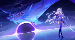 Rule 34 | 1girl, absurdres, all-devouring narwhal (genshin impact), animal, bare shoulders, blue background, blue boots, boots, breasts, commentary request, dress, floating, floating object, flying whale, genshin impact, hair between eyes, hand up, high heel boots, high heels, highres, holding, holding sword, holding weapon, long hair, looking to the side, medium breasts, nomosuke172, object floating above hand, red eyes, reflective floor, skirk (genshin impact), sky, solo, standing, star (sky), sword, thigh boots, very long hair, weapon, whale, white dress, white hair, wide shot