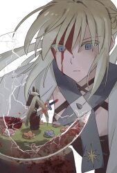 1girl baobhan_sith_(fate) baobhan_sith_(first_ascension)_(fate) blood blood_on_face blue_eyes bobi braid crown fate/grand_order fate_(series) hair_between_eyes half_up_braid highres long_hair morgan_le_fay_(fate) morgan_le_fay_(queen_of_winter)_(fate) ponytail sword veil weapon white_hair