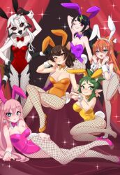 3am 6+girls animal_ear_hairband animal_ears arm_behind_head arthropod_girl black_bow black_bowtie black_hair black_sclera black_tongue blue_eyes blush bone_hair_ornament bow bowtie breasts brown_hair callie_calico cleavage colored_extremities colored_sclera coqui detached_collar earrings extra_arms fake_animal_ears fang fang_guu fang_guu_(artist) fishnet_pantyhose fishnets forked_tongue green_eyes green_hair hair_ornament hairband hand_on_own_thigh heart heart-shaped_pupils high_heels highres insect_girl jewelry large_breasts leaf_hair_ornament leotard lips lyra_calyptra meat_(vtuber) moth_girl multicolored_hair multiple_girls olivia_monroe one_eye_closed open_mouth orange_bow orange_bowtie orange_hair orange_leotard pantyhose pink_bow pink_bowtie pink_hair pink_leotard pink_shoes playboy_bunny pom_pom_(clothes) pom_pom_earrings purple_bow purple_bowtie purple_eyes purple_leotard purple_shoes rabbit_ear_hairband rabbit_ears rabbit_tail red_bow red_bowtie red_eyes red_hair red_leotard second-party_source sharp_teeth shoes small_breasts strapless strapless_leotard streaked_hair symbol-shaped_pupils tail teeth tongue tusks white_hair white_leotard white_shoes white_wrist_cuffs wrist_cuffs yellow_bow yellow_bowtie yellow_eyes yellow_leotard