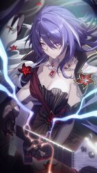 1girl absurdres acheron_(honkai:_star_rail) acheron_(star_rail_live_2025)_(honkai:_star_rail) asymmetrical_gloves black_gloves breasts chinese_commentary chromatic_aberration cleavage closed_mouth commentary_request cowboy_shot dress elbow_gloves electric_guitar electricity flower gloves guitar highres honkai:_star_rail honkai_(series) instrument jewelry large_breasts long_hair looking_at_viewer madyy multicolored_hair necklace official_alternate_costume purple_hair red_dress red_flower single_elbow_glove solo streaked_hair uneven_gloves