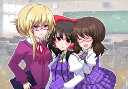3girls alternate_costume alternate_hairstyle bespectacled black_hair blonde_hair blurry blurry_background blush bolo_tie book bow breasts brown_hair cardigan chair classroom clock collared_shirt constellation cosplay cowboy_shot crescent_moon day desk glasses hair_between_eyes hair_bow hair_ornament hair_tubes hairclip hakurei_reimu happy holding holding_book indoors long_sleeves low_twintails moon multiple_girls no_headwear open_mouth pink-framed_eyewear plaid_clothes plaid_skirt plaid_vest planet puffy_long_sleeves puffy_sleeves purple-framed_eyewear purple_eyes purple_skirt purple_vest red_eyes ribbon rocket_ship school school_chair school_desk school_uniform semi-rimless_eyewear shiohachi shirt short_hair_with_long_locks sidelocks skirt spacecraft star_(symbol) sunlight teacher teacher_and_student touhou twintails ufo under-rim_eyewear unmoving_pattern usami_sumireko usami_sumireko_(cosplay) vest white_shirt window yakumo_yukari