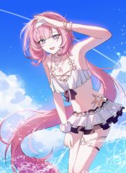 Rule 34 | 1girl, armpits, bikini, bikini skirt, blue eyes, blue sky, bracelet, breasts, cleavage, commentary, elf, elysia (honkai impact), elysia (miss pink elf) (honkai impact), elysia (summer miss elf) (honkai impact), hairband, highres, honkai (series), honkai impact 3rd, jewelry, long hair, medium breasts, navel, necklace, ocean, official alternate costume, outdoors, pink hair, pointy ears, shell, shell necklace, sky, solo, stomach, swimsuit, thigh strap, white bikini, white hairband, yoonsa