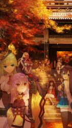Rule 34 | 6+girls, autumn leaves, bare shoulders, black hair, castle, dark-skinned female, dark skin, date shigezane (sengoku bushouki muramasa), green eyes, grey hair, highres, hosokawa tadaoki (sengoku bushouki muramasa), itou ittousai (sengoku bushouki muramasa), japanese clothes, kimono, leaf, long hair, multiple girls, official art, purple hair, red eyes, saitou dousan (sengoku bushouki muramasa), sengoku bushouki muramasa, smile, tokugawa ieyasu (sengoku collection), zhuzi