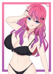 1girl ahoge black_bra blue_eyes bra braid collarbone esttea gradient_hair hair_ornament hair_ribbon hairclip highres idios jewelry kuramochi_meruto lingerie long_hair multicolored_hair nail_polish navel nijisanji panties pink_hair purple_hair red_hair ribbon ring underwear virtual_youtuber