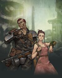 1boy 1girl armor assault_rifle belt belt_pouch bracelet brown_hair charon_(fallout_3) cigarette cityscape dress fallout fallout_3 fingerless_gloves ghoul_(fallout) gloves gun gun_on_back gun_sling highres holding holding_cigarette jacket jewelry leather leather_armor leather_jacket lone_wanderer pauldrons penett pink_dress pip_boy ponytail pouch rifle ruins shell_casing shotgun shoulder_armor smoking vambraces washington_monument weapon weapon_on_back wrist_computer