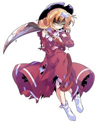 1girl bandaid bandaid_on_head black_eyes black_hat blonde_hair closed_mouth commentary_request dairi dress elly_(touhou) full_body hat holding holding_scythe large_variant_set long_sleeves looking_at_viewer no_shoes red_dress scythe shaded_face short_hair socks solo sweatdrop torn_clothes torn_dress touhou touhou_(pc-98) transparent_background v-shaped_eyebrows variant_set white_socks yellow_eyes