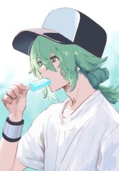 Rule 34 | 1boy, baseball cap, food, food in mouth, green eyes, green hair, hair between eyes, hat, highres, holding, holding food, holding popsicle, long hair, male focus, melting popsicle, n (pokemon), nintendo, pokemon, pokemon bw, ponytail, popsicle, popsicle in mouth, ringosan2329, shirt, short sleeves, simple background, sweat, sweatdrop, upper body, white shirt, wristband