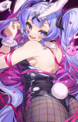 1girl absurdres ahoge animal_ears aqua_eyes aqua_hair black_leotard blush cuffs fake_animal_ears fishnet_thighhighs fishnets hair_between_eyes hair_ornament hairband handcuffs hatsune_miku heart heart-shaped_pupils highres leotard long_hair looking_at_viewer lying namio78264525 official_alternate_costume official_alternate_hairstyle on_stomach open_mouth pink_nails playboy_bunny rabbit_hole_(vocaloid) rabbit_tail red_ribbon ribbon smile solo speech_bubble symbol-shaped_pupils tail thighhighs twintails very_long_hair vocaloid white_hairband x_hair_ornament