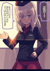 Rule 34 | 1girl, backlighting, black hat, black jacket, blue eyes, commentary, dress shirt, garrison cap, girls und panzer, grey hair, hand on own hip, hat, highres, indoors, insignia, itsumi erika, jacket, jinguu (4839ms), kuromorimine military uniform, letterboxed, long sleeves, looking at viewer, medium hair, military hat, military uniform, open mouth, pleated skirt, red shirt, red skirt, shirt, skirt, smile, solo, standing, translated, window, wing collar