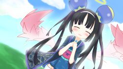 Rule 34 | 1girl, black hair, blue kimono, blush, emil chronicle online, hair ornament, hairband, halo, highres, japanese clothes, kimono, long hair, mitama ruri, open mouth, own hands clasped, own hands together, pink wings, senkyoku niban, teardrop, thighhighs, twintails, white hairband, white thighhighs, wings
