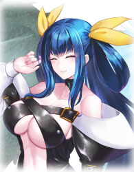 1girl angel_wings asymmetrical_wings bare_shoulders black_choker blue_hair blush breasts center_opening choker closed_eyes collarbone dizzy_(guilty_gear) dtcy fingernails guilty_gear guilty_gear_x guilty_gear_xx hair_between_eyes hair_rings long_hair nail_polish open_mouth sidelocks smile solo twintails underboob upper_body wings