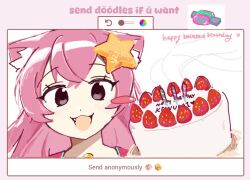 1girl :3 :d animal_ear_fluff animal_ears bee_swarm_stimulator black_eyes blush_stickers cake candle cat_ears cat_girl commentary crossed_bangs dj_booth_(neko)_(tower_defense_simulator) dj_booth_(tower_defense_simulator) double-parted_bangs english_commentary english_text fang food fruit gummy_bee hair_between_eyes hair_ornament happy_birthday heart light_blush long_hair looking_at_viewer official_alternate_costume official_alternate_hairstyle open_mouth pink_hair portrait roblox ryoko6318 simple_background single_blush_sticker smile solo star_(symbol) star_hair_ornament straight-on strawberry strawberry_cake strawpage tower_defense_simulator_(roblox) white_background