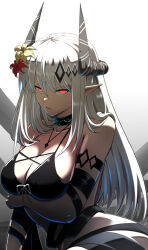 1girl absurdres arknights arm_strap arm_up bikini bikini_top_only black_bikini breasts cleavage commentary cowboy_shot cross-laced_clothes demon_horns english_commentary flower glaring gradient_background grey_background grey_hair hair_between_eyes hair_flower hair_ornament highres horns infection_monitor_(arknights) jewelry large_breasts long_hair looking_at_viewer mudrock_(arknights) mudrock_(silent_night)_(arknights) necklace official_alternate_costume parted_lips pointy_ears red_eyes samacho simple_background solo straight_hair swimsuit