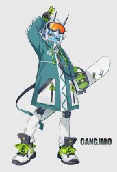 1girl absurdres alternate_costume arm_up black_gloves blue_skin boots colored_skin full_body gloves goggles green_gloves highres holding horns jacket long_sleeves looking_at_viewer one_eye_closed open_mouth orange_eyes pants pointy_ears puer_senlin shoes short_hair simple_background smile snowboard solo soukaku_(zenless_zone_zero) standing v white_background white_hair white_pants zenless_zone_zero