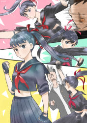 Rule 34 | 1girl, black hair, black serafuku, delinquent, fighting, fingerless gloves, gloves, grey eyes, juusan kihei bouei ken, kicking, long hair, midriff, multiple views, neckerchief, papumon, pleated skirt, ponytail, punching, red neckerchief, red ribbon, ribbon, school uniform, serafuku, skirt, sleeves rolled up, sukeban, takamiya yuki