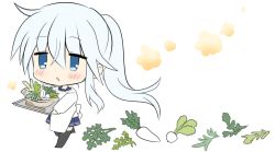 1girl alternate_hairstyle apron black_thighhighs blue_eyes bowl commentary_request food hibiki_(kancolle) highres hizuki_yayoi kantai_collection kappougi long_hair ponytail school_uniform serafuku silver_hair solo spoon thighhighs turnip vegetable white_background