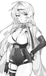 1girl asymmetrical_gloves between_breasts breasts choco_c14 cleavage fingerless_gloves gloves greyscale hair_between_eyes hair_ornament hand_on_own_hip high-waist_shorts large_breasts long_hair looking_at_viewer monochrome parted_lips shorts simple_background single_thighhigh solo strap_between_breasts tassel thigh_strap thighhighs uneven_gloves yin_yang_pin yixuan_(zenless_zone_zero) zenless_zone_zero