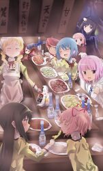 6+girls ^_^ akemi_homura alcohol apron beer_can black_hair blonde_hair blue_hair blush bow bowtie breasts can character_request choko_(cup) chopsticks closed_eyes commentary_request copyright_request cup drill drink_can eating feeding food_request highres izakaya juliet_sleeves kaname_madoka kyubey large_breasts long_hair long_sleeves looking_at_viewer mahou_shoujo_madoka_magica mahou_shoujo_madoka_magica_(anime) medium_hair miki_sayaka mitakihara_school_uniform multiple_girls neck_ribbon pink_hair puffy_sleeves purple_hair red_eyes red_hair red_ribbon ribbon sake sakura_kyoko school_uniform sengoku_chidori short_hair sidelocks smile steam tomoe_mami translation_request yuri