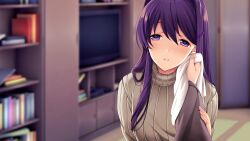 1boy 1girl blurry blurry_background blush book bookshelf breasts casual closet commentary doki_doki_literature_club dot_nose double-parted_bangs english_commentary eyebrows_hidden_by_hair fingernails game_cg grey_jacket hair_intakes hair_ornament hairpin half-closed_eyes hand_on_another&#039;s_arm hand_on_another&#039;s_cheek hand_on_another&#039;s_face head_tilt highres holding holding_another&#039;s_arm holding_towel indoors jacket large_breasts long_eyelashes long_fingernails long_hair long_sidelocks long_sleeves looking_at_another looking_at_viewer non-web_source official_alternate_costume official_art parted_lips pov pov_hands protagonist_(doki_doki_literature_club) purple_eyes raised_eyebrows ribbed_sweater satchely sidelocks solo_focus sparkling_eyes straight-on sweater tareme teeth television thick_eyelashes towel turtleneck turtleneck_sweater upper_body white_sweater yuri_(doki_doki_literature_club)