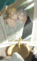 2boys absurdres ahoge alhaitham_(genshin_impact) bathroom black_shirt blonde_hair braiding_hair brick_wall collarbone colored_inner_hair genshin_impact green_hair grey_hair hair_over_one_eye hairdressing hand_around_waist hand_on_another&#039;s_waist head_on_another&#039;s_shoulder highres indoors kaveh_(genshin_impact) leaning_on_person long_sleeves looking_at_another male_focus mirror multicolored_hair multiple_boys onononnu_u puffy_long_sleeves puffy_sleeves red_eyes reflection shirt sink sweatdrop white_shirt yaoi