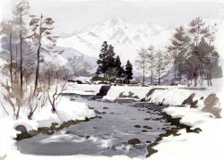 absurdres bare_tree building dead_plants highres house masuyama_osamu mountainous_horizon no_humans original painting_(medium) scenery snow stream traditional_media tree water watercolor_(medium)