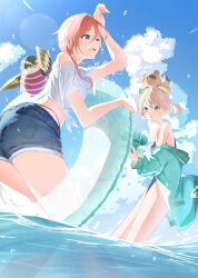 absurdres aqua_eyes blonde_hair blue_eyes blush breasts ganmo_(takane_lui) hair_between_eyes hair_ornament highres holding hololive kazama_iroha long_hair ocean open_mouth pink_hair pokobee rin_(rin_illust_0805) shirt shorts smile swim_ring takane_lui water_gun white_shirt