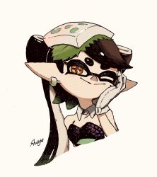 Rule 34 | 1girl, artist name, bare shoulders, black hair, black jumpsuit, bow-shaped hair, breasts, callie (splatoon), closed mouth, collar, commentary request, cropped torso, cross-shaped pupils, detached collar, earrings, gloves, green hair, hand on own cheek, hand on own face, highres, jewelry, jumpsuit, long hair, long pointy ears, looking at viewer, mole, mole under eye, multicolored hair, nintendo, one eye closed, orange eyes, pointy ears, shogo (shogo70449442), small breasts, smile, solo, splatoon (series), split mouth, swept bangs, symbol-shaped pupils, tentacle hair, white background, white collar, white gloves