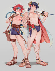 2boys bag blue_eyes blue_hair blue_male_swimwear blue_swim_briefs blue_swim_trunks commentary english_commentary fire_emblem fire_emblem:_mystery_of_the_emblem fire_emblem:_the_blazing_blade fire_emblem_heroes flower full_body grey_background head_wreath headband hibiscus looking_at_viewer male_focus male_swimwear marth_(fire_emblem) meep messenger_bag multiple_boys nintendo nipples ponytail red_hair roy_(fire_emblem) sandals scar short_ponytail shoulder_bag simple_background smile swim_briefs swim_trunks swimsuit thigh_strap umbrella vest