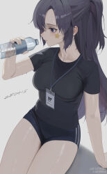 1girl badge black_hair blue_archive blue_eyes bottle breasts collarbone drinking highres long_hair medium_breasts ponytail shirt short_shorts shorts sitting sportswear sweat t-shirt ttt_(5274293) very_long_hair yuuka_(blue_archive)