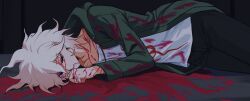 1boy black_background bleeding blood blood_from_mouth blood_on_clothes blood_on_ground coat danganronpa_(series) danganronpa_2:_goodbye_despair green_coat highres komaeda_nagito looking_at_viewer lying male_focus on_back parted_lips pink_hair short_hair simple_background solo uneven_eyes uri_ka55